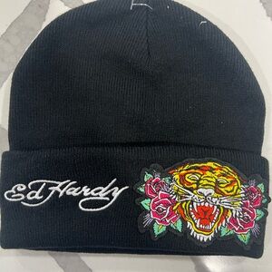 Ed Hardy Black Beanie with Tiger and Floral Design
